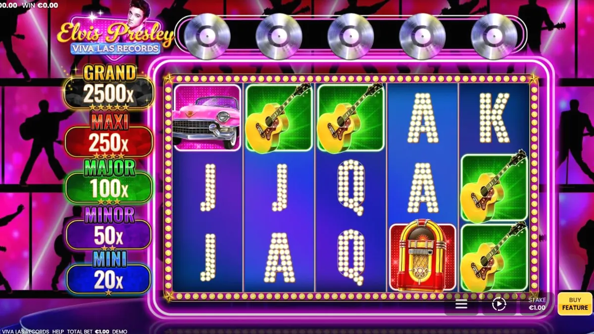 Tampilan visual slot Elvis Presley: Viva Las Records dengan nuansa neon Las Vegas